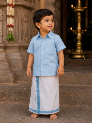 Boys Silk Sky Blue Shirt & Dhoti Set