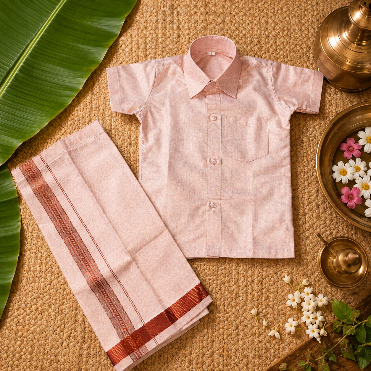 Boys Silk Rose Gold Shirt & Dhoti Set - Image 2